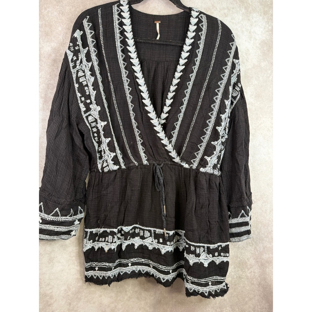 Free People Tunic Top Womens Large Black Embroidered Boho V-Neck OB1126570